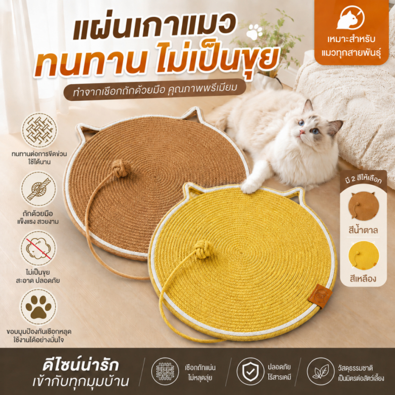ที่ลับเล็บแมว ทรงแมว เชือกฝ้ายแท้ พร้อมลูกบอล ของเล่นแมว ลดข่วนเฟอร์นิเจอร์ แข็งแรง ทนทาน 2 ขนาด