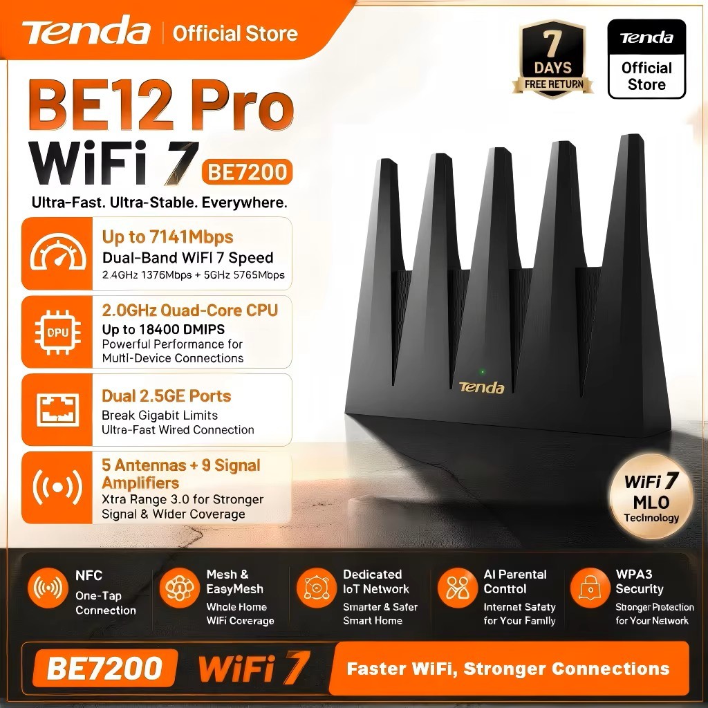 TENDA (BE12 Pro) BE7200 Dual-Band Wi-Fi 7 Router with 2.5G Ports สัญญาณแรง ครอบคลุมทุกมุมบ้าน