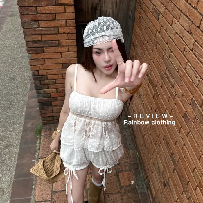R3D040 เซ็ตผ้าลูกไม้ฉลุกางเกงขาสั้น ป้ายเรนโบว์