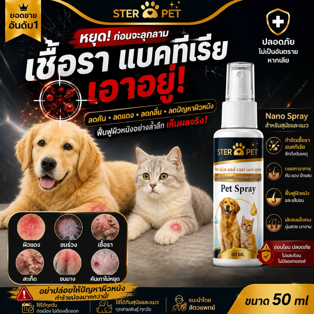 Nano Spray ดูแลเชื้อรา แบคทีเรีย และปัญหาผิวหนังสัตว์เลี้ยง ฟื้นฟูผิวหนังและเส้นขนอย่างอ่อนโยน