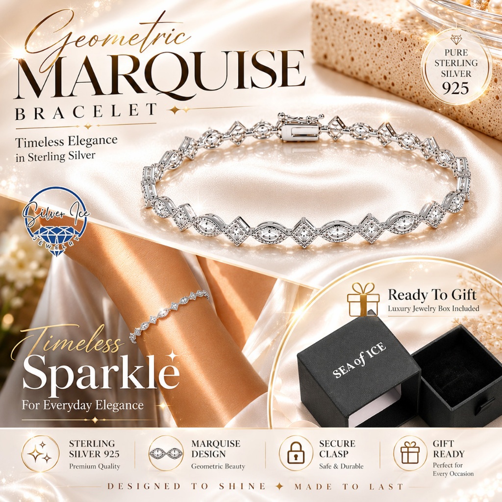 สร้อยข้อมือเงินแท้ 925 ประดับ White CZ Marquise CZ Tennis Bracelet ใส่ออกงาน ของขวัญผู้หญิง ดีไซน์หรู พร้อมกล่อง