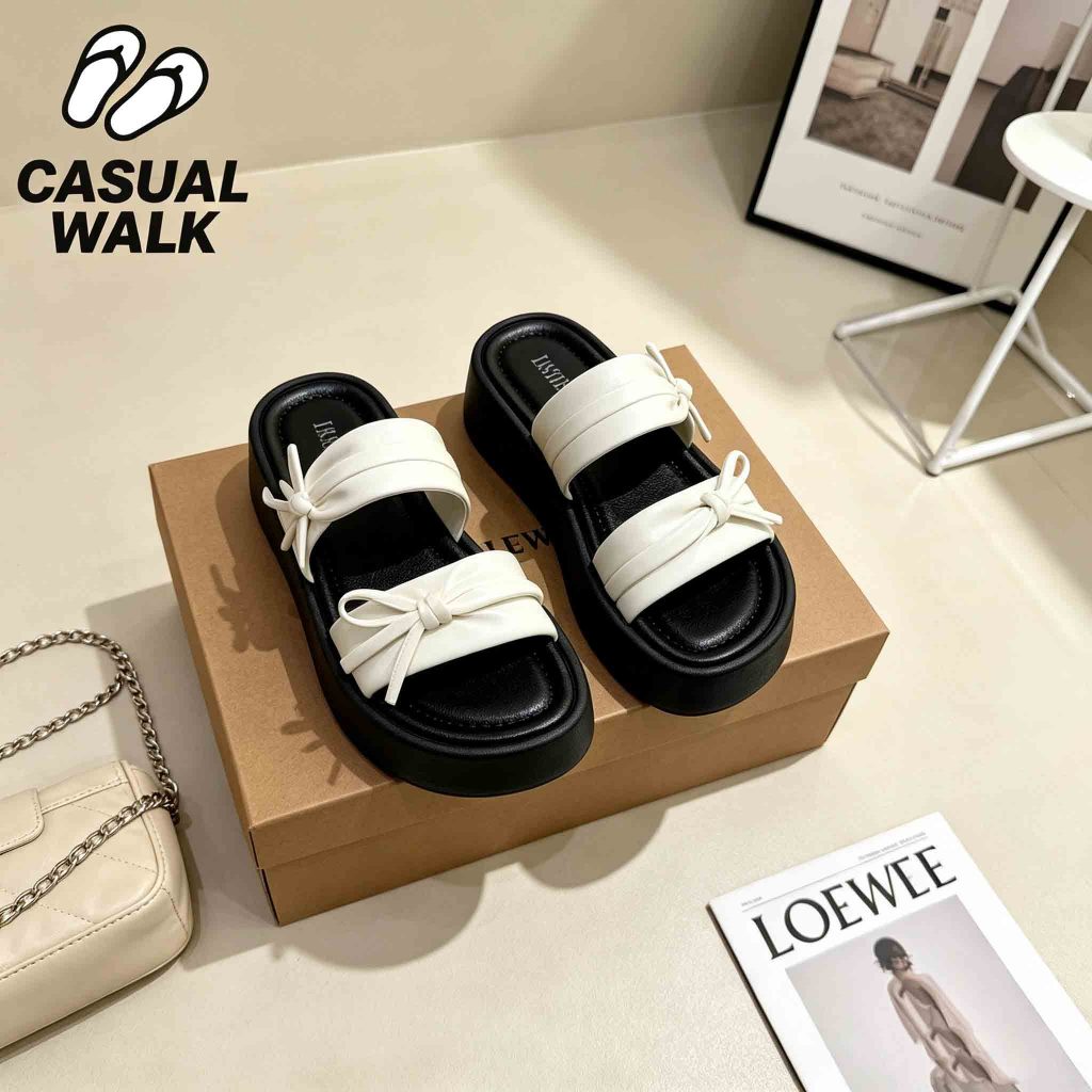 สินค้าใหม่🎀CasualWalk🎀รองเท้าแตะส้นหนาผู้หญิงตกแต่งโบว์ วัสดุPU สวมใส่สบาย กันลื่น ฤดูร้อน เบอร์36-41