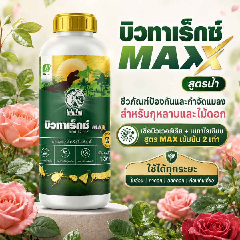 บิวทาเร็กซ์ MAX สูตรน้ำ ตราไดโนเร็กซ์ สำหรับกุหลาบและไม้ดอก ชีวภัณฑ์ป้องกันและกำจัดแมลง เพลี้ยไฟ เพลี้ยอ่อน ไรแดง แมลงหว