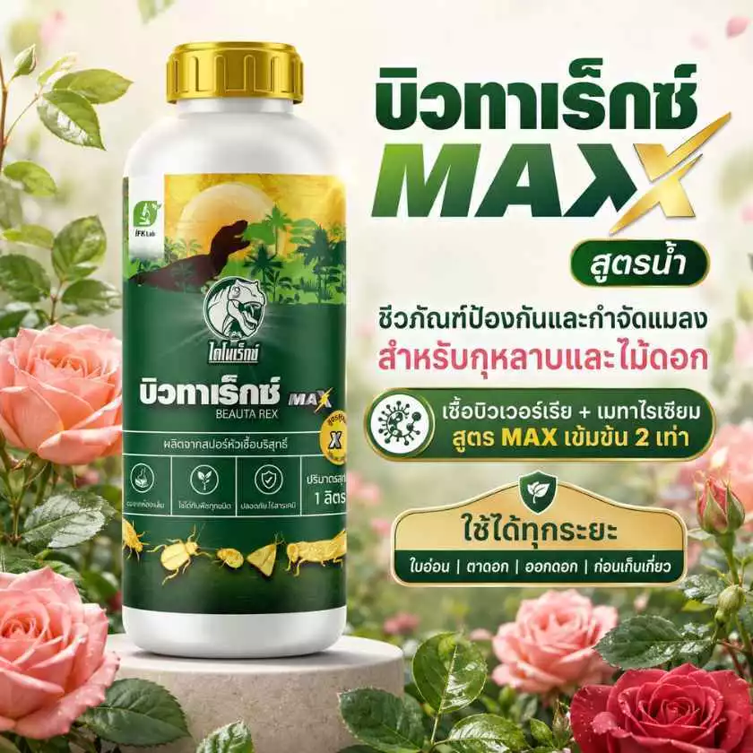 บิวทาเร็กซ์ MAX สูตรน้ำ ตราไดโนเร็กซ์ สำหรับกุหลาบและไม้ดอก ชีวภัณฑ์ป้องกันและกำจัดแมลง เพลี้ยไฟ เพลี้ยอ่อน ไรแดง แมลงหว