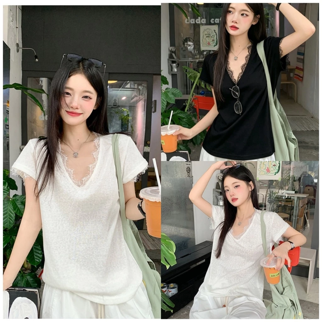 Beryl พร้อมส่ง เสื้อยืดผู้หญิงผู้หญิง เสื้อยืดคอวีขอบลูกไม้ ดีไซน์ขอบลูกไม้ ทรงหลวม ผ้านุ่มใส่สบาย สไตล์เกาหลี