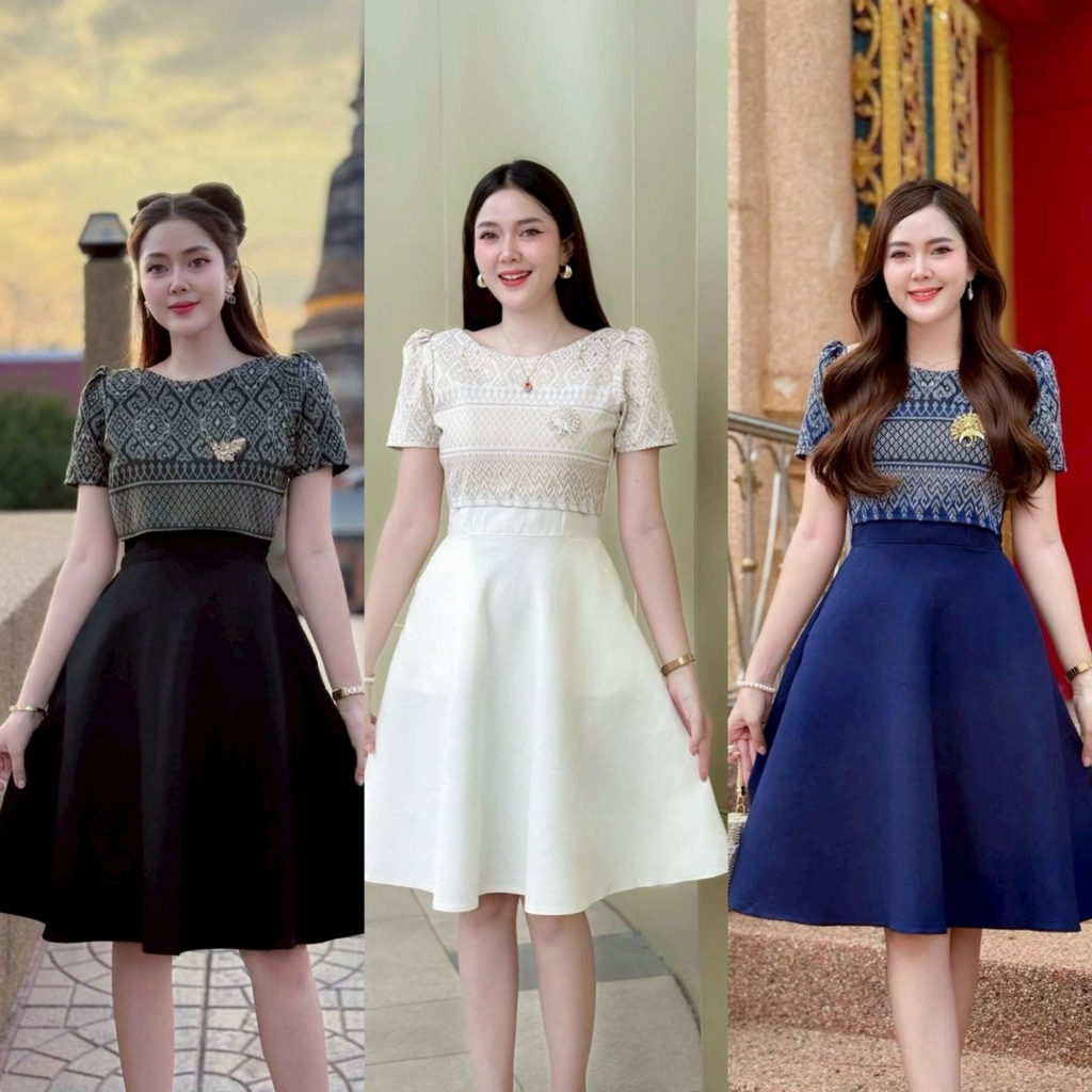 ชุดเดรสกั๊กผ้าทออัดกาว   คอกลม แขนกระบอก กั๊กครอป กระโปรงมีกระเป๋าใช้งานได้จริง  ทันสมัย เริ่ดด เรียบหรู สง่า