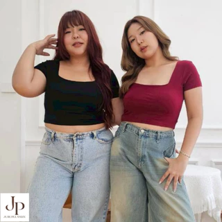 ส่งทันที!🛵 เสื้อครอปคอเหลี่ยมแขนสั้น เสื้อพลัสไซส์ ผ้าเรย่อน ผ้ายืดนุ่ม อก 36-50 นิ้ว plussize #487
