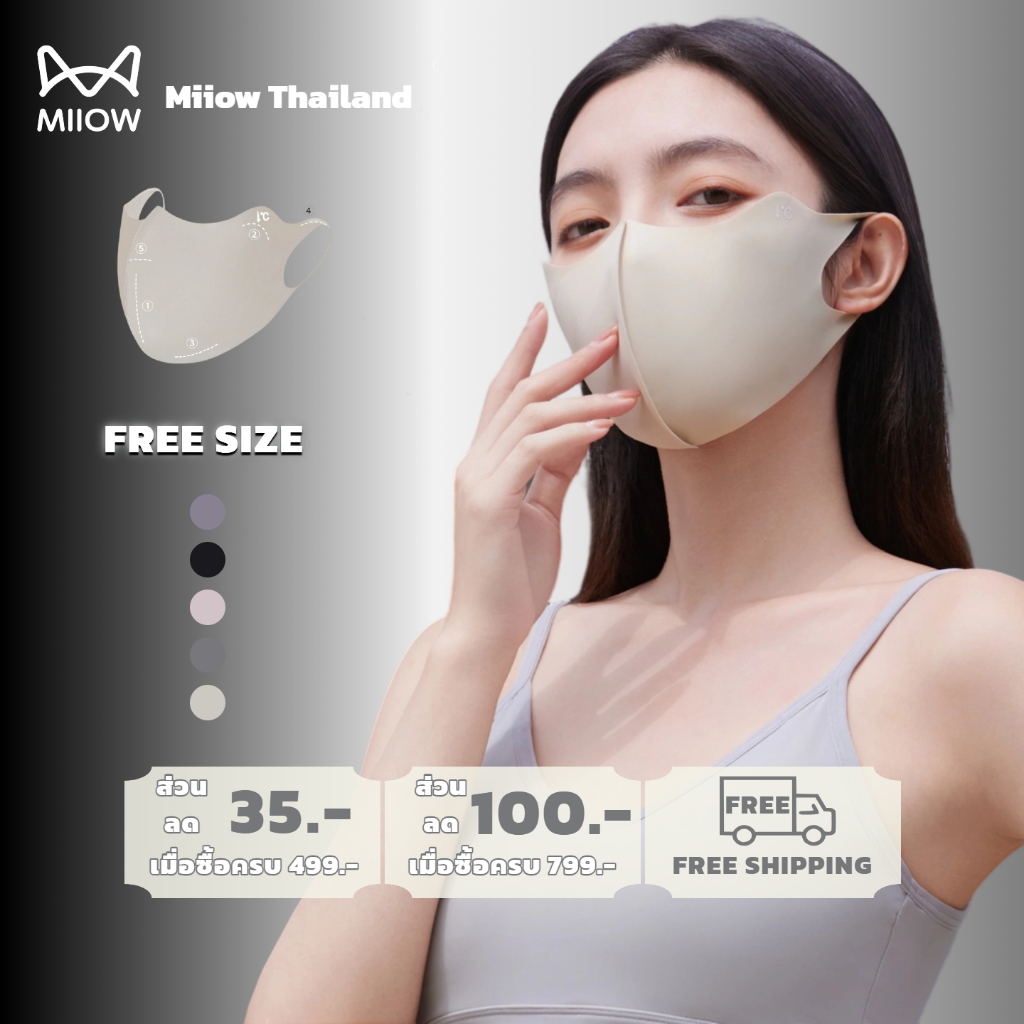 MIIOW หน้ากากกันแดด UPF50+ ป้องกัน UV 99% หน้ากากผ้าเย็น TenderCloud ทรง 3D เรียวเล็ก ไม่เลอะเมคอัพ เบาสบาย HS6021