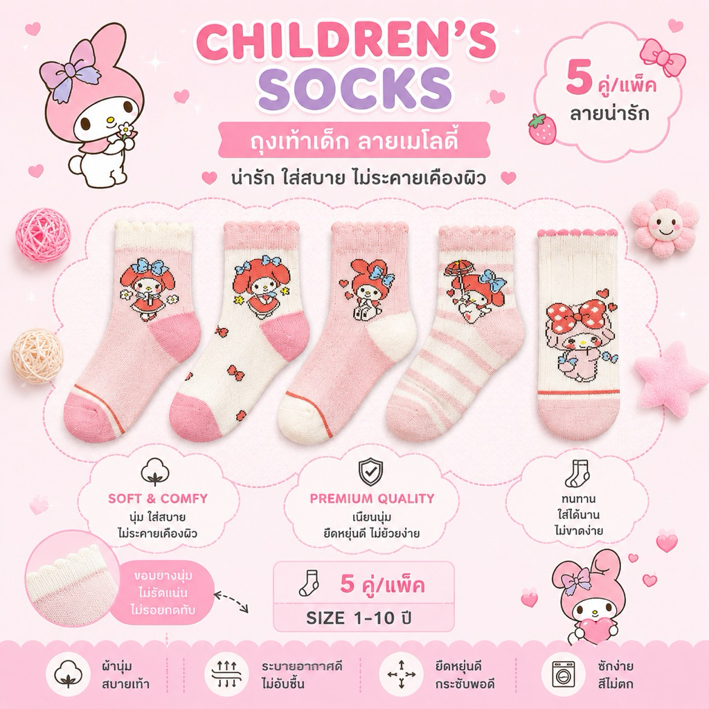 🚚(ส่งด่วน กทม.) ถุงเท้าเด็ก ผ้านิ่ม เกรดพรีเมี่ยม (ลายMELODY) แพ็คสุดคุ้ม!! 5 คู่ QH672 พร้อมส่ง🇹🇭