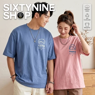 เสื้อยืดพิมพ์ลาย " Happy & Lucky " เสื้อคู่รัก เสื้อคู่ unisex ผ้าคอตตอน พร้อมส่ง