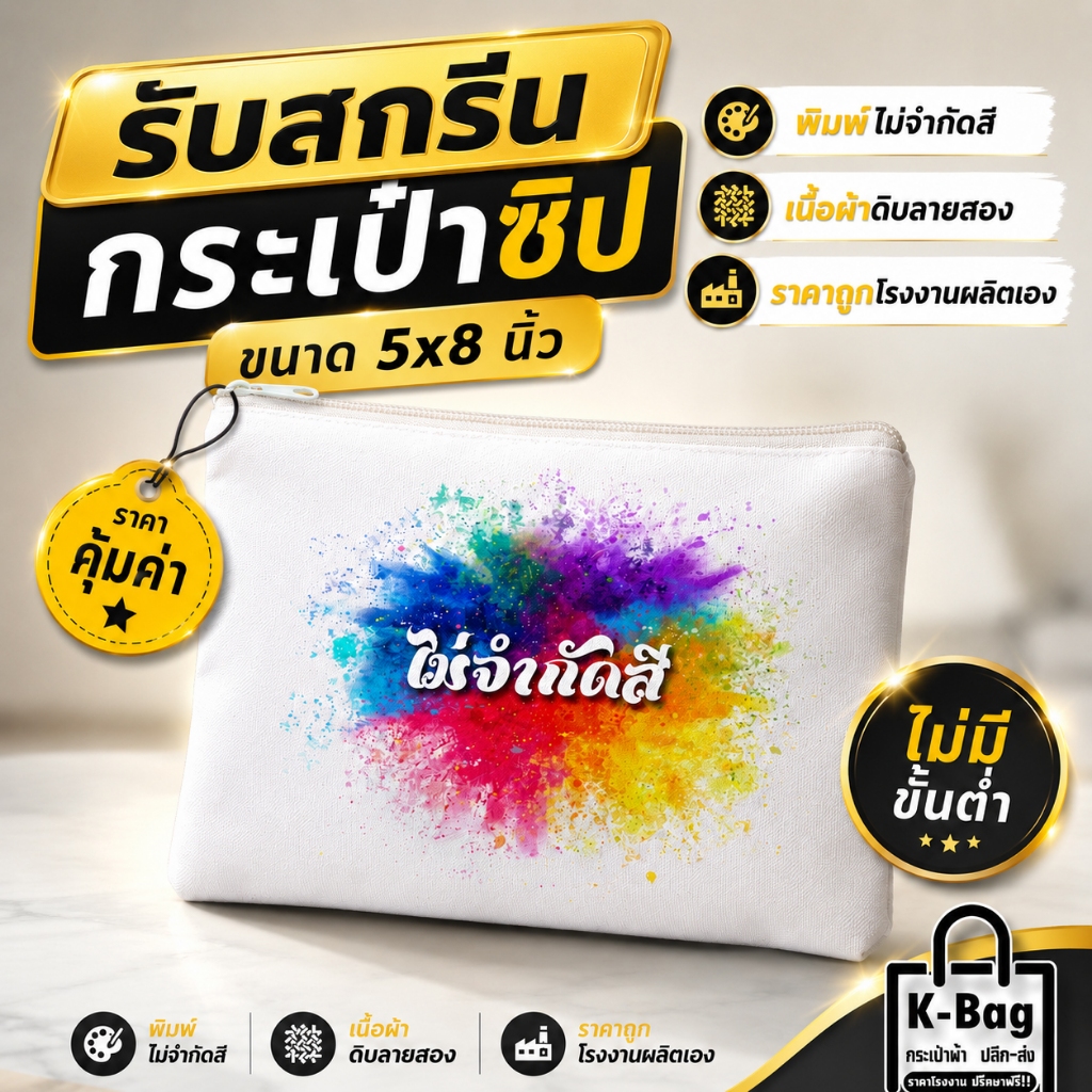 สกรีนกระเป๋า กระเป๋าซิปขนาด 5×8นิ้ว สั่งทำได้ตามต้องการ