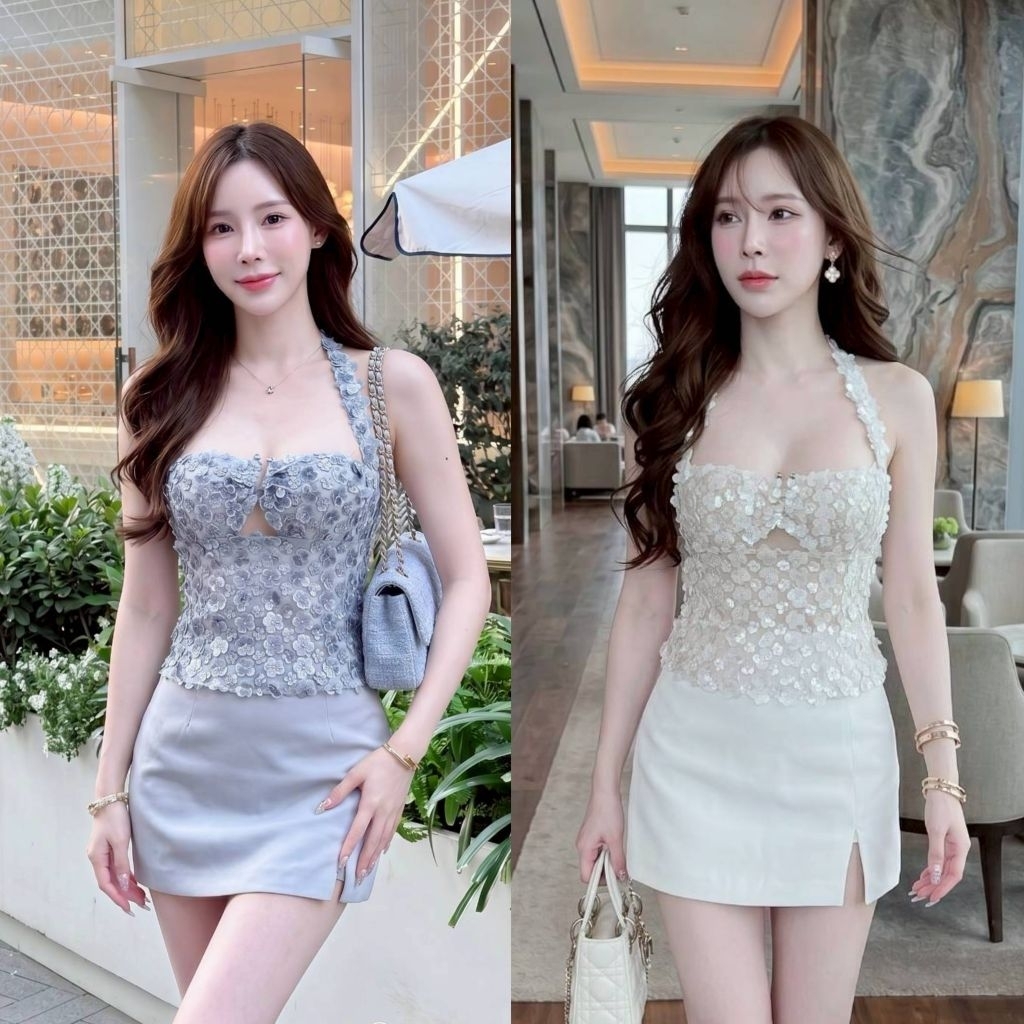 Rose' Set ดีไซน์เสื้อทรงเข้ารูปแต่งลูกไม้ปักแผ่นเลื่อมดอกไม้ให้ฟีลหรูหวาน