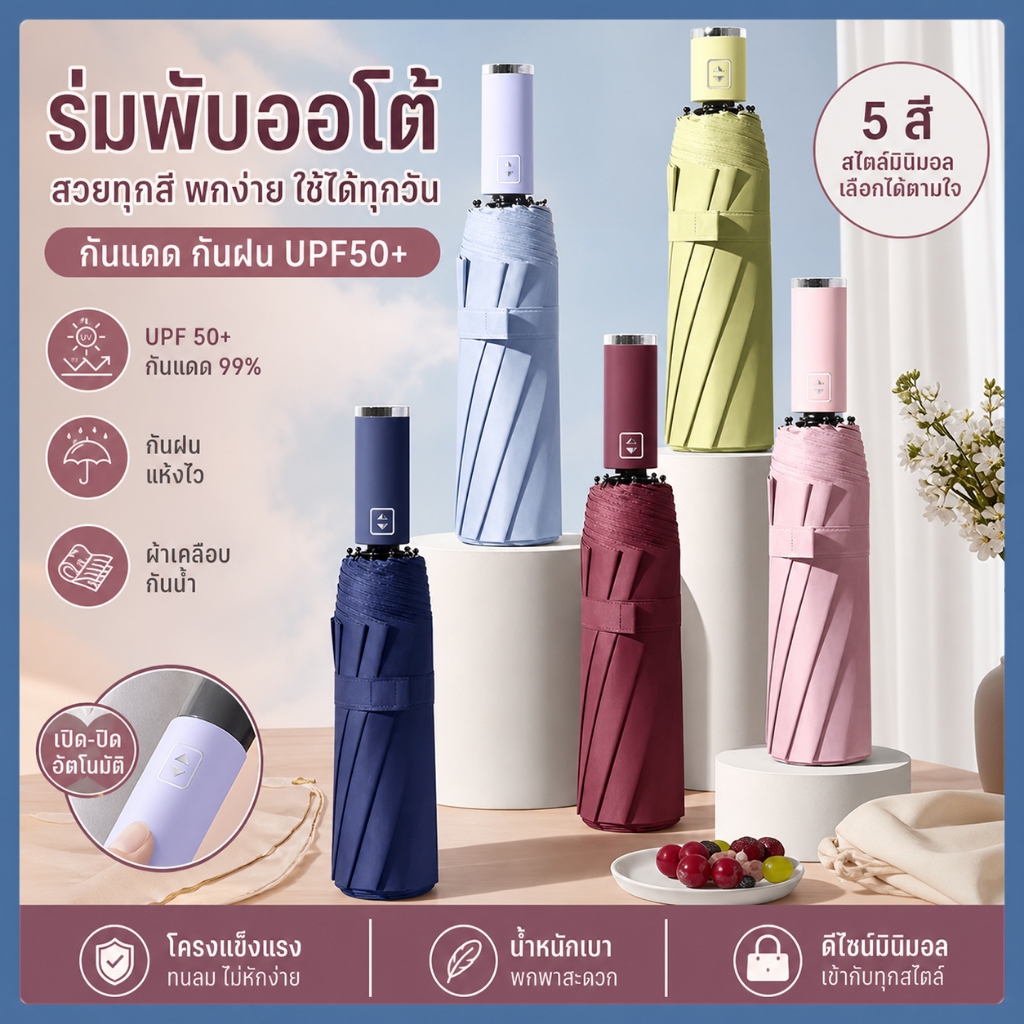 【🌞ขายดี】ร่มอัตโนมัติพกพาสะดวกกันน้ำ UV ได้รังสี Ultra-Violet พลาสติกสีพื้น ร่มเปิดปิดอัตโนมัติ 24 แกน