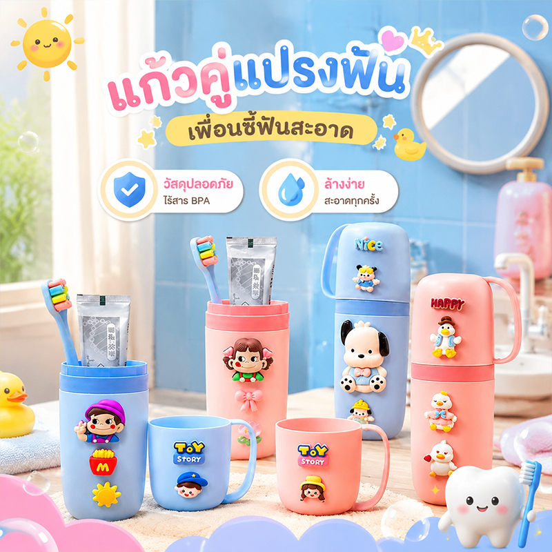 แก้วน้ําดื่มพร้อมแปรงฟัน เซ็ทแก้ว+แแปรงฟันเด็ก ลวดลายการ์ตูน วัสดุที่ปลอดภัย พกพาสะดวก