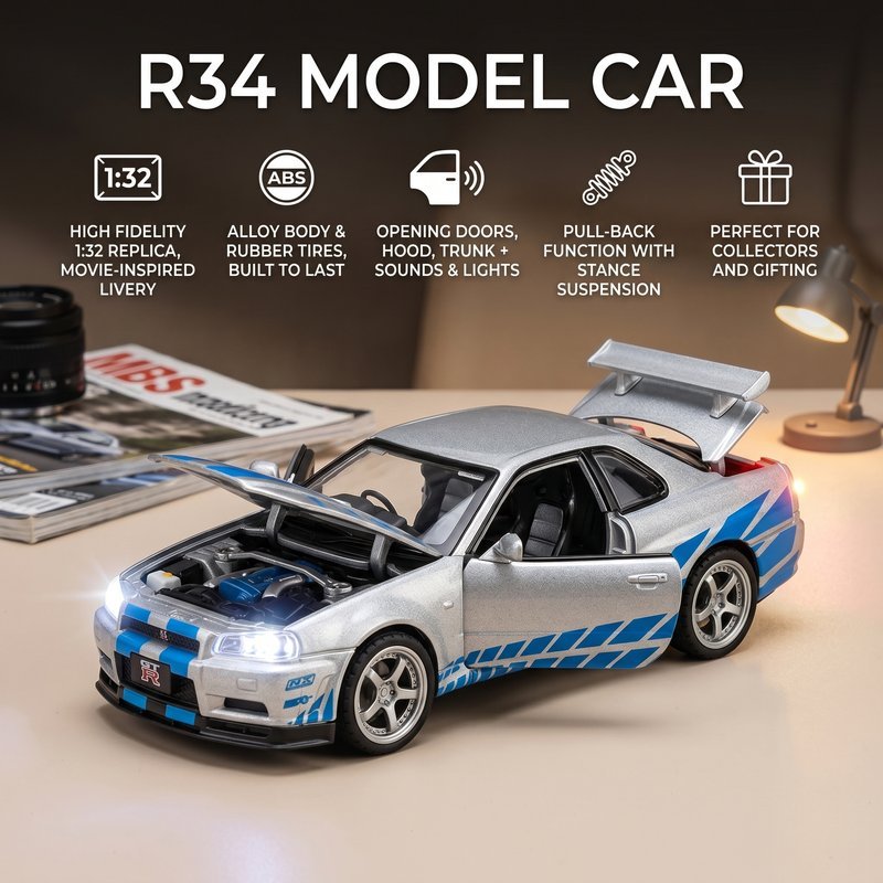 NISSAN GT-R R34 fast and furious Scale1/32 โมเดลรถเหล็ก Pull Back เปิดประตูได้ รายละเอียดสวยสำหรับวางโชว์บนโต๊ะ