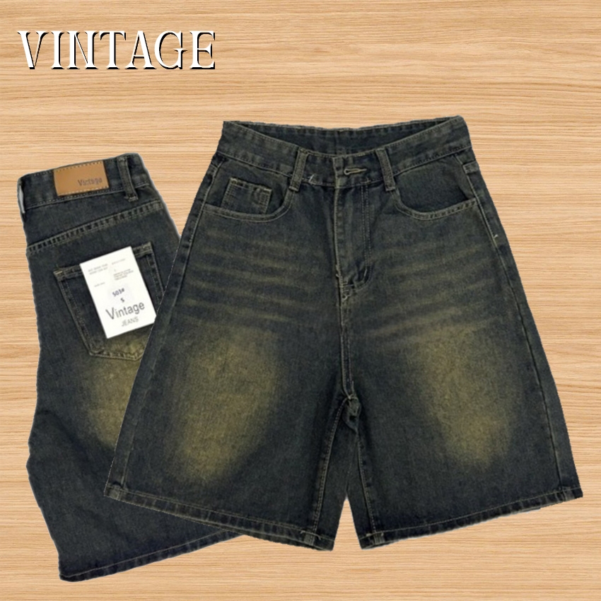 Vintage รุ่น 503 กางเกงยีนส์ ขาสั้น แต่งเฟดขา สีสนิม ทรงสวย ผ้าไม่ยืด