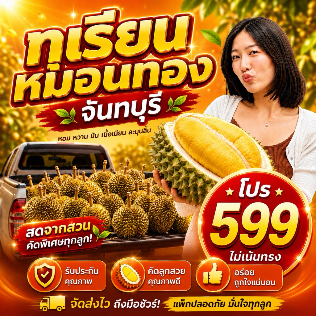 🔥‼️ส่งฟรี‼️👍🏻ทุเรียนหมอนทอง1กล่องโปร599.-✅2.5-3kg.(1-3ลูก)ตัดแก่สดจากสวนจันทบุรี
