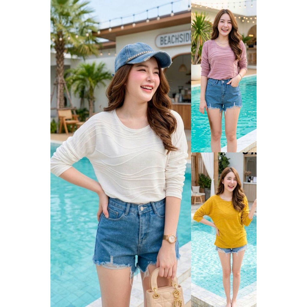 ✨💖🍉สวยๆไม่ซ้ำใคร แขนยาวลายเส้น ผ้านิ่มใส่สบาย ไม่ร้อน ไม่คัน เสื้อแฟชั่นผู้หญิง อก44 ยาว26