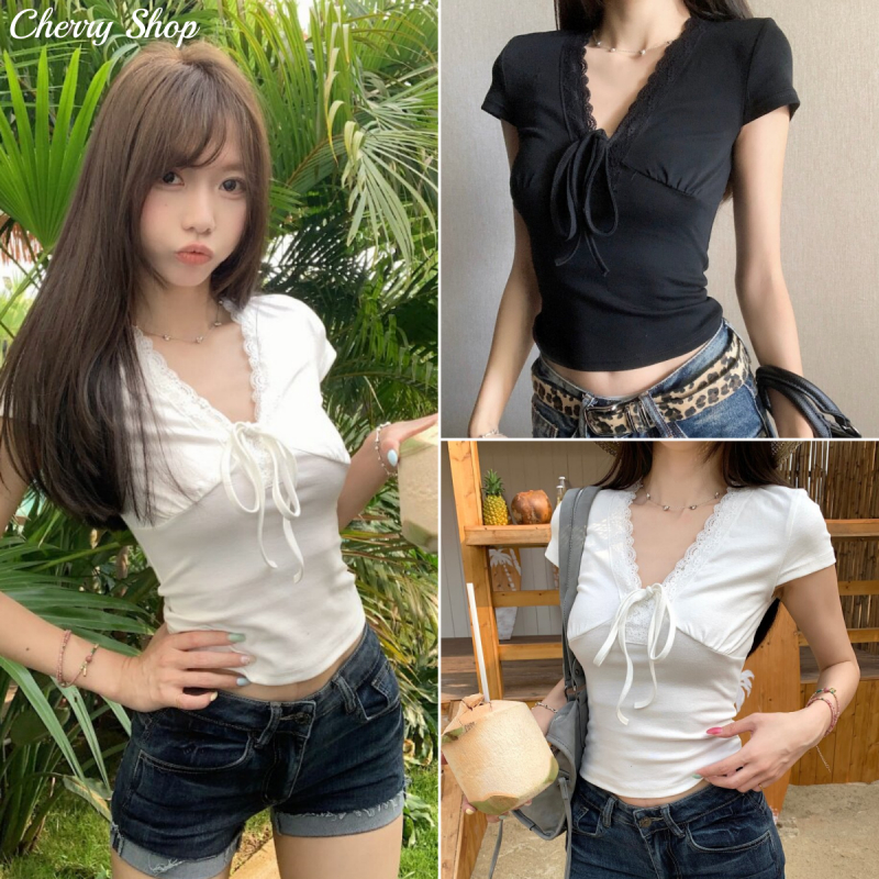 cherryshop พร้อมส่ง เสื้อยืดคอวีแขนสั้นผ้าลูกไม้เย็บยางยืดเซ็กซี่ใหม่สำหรับฤดูร้อน ช่วยพลางหุ่น