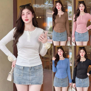 เสื้อแฟชั่น ผ้าร่องพรีเมี่ยม แขนยาวแต่งกุหลาบ กระดุมหน้า แฟชั่นน่ารักๆ ใส่เที่ยว ใส่แมท LG329