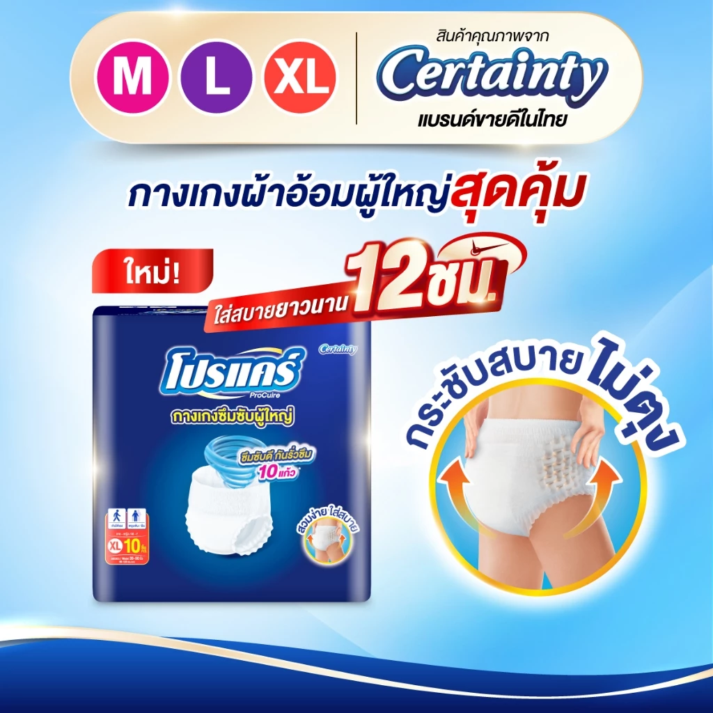 ใหม่!! โปรแคร์ Procuire ผ้าอ้อมผู้ใหญ่แบบกางเกง ไซส์ M,L,XL (1แพ็ก 10ชิ้น )x4แพ็ก Procare