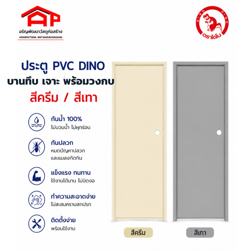 ประตู PVC DINO DN1 บานทึบ/บานเรียบ พร้อมวงกบ สีครีม/สีเทา เจาะลูกบิด 70x180 cm. และ 70 x 200 cm.
