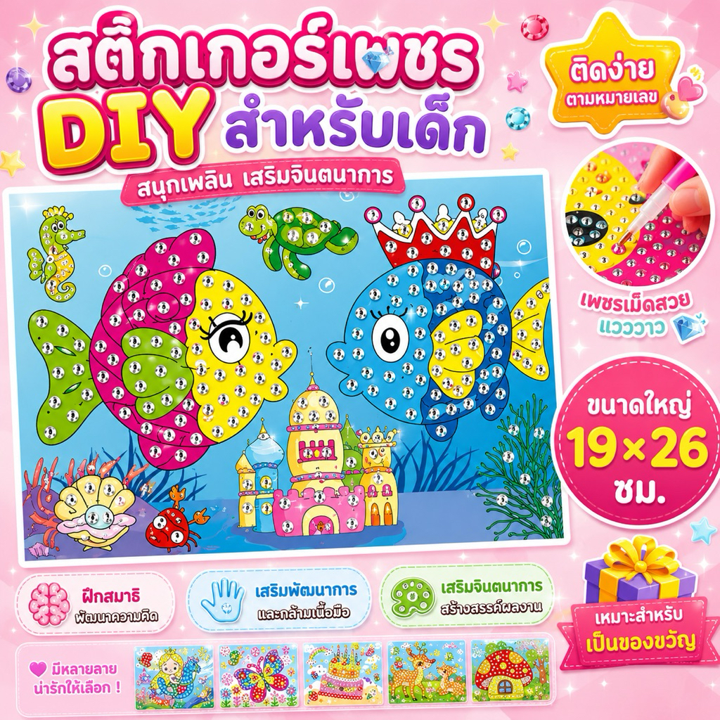 สติกเกอร์เพชร DIY แปะติดตามตัวเลข เสริมสมาธิ มีหลายลาย ของเล่นเด็ก