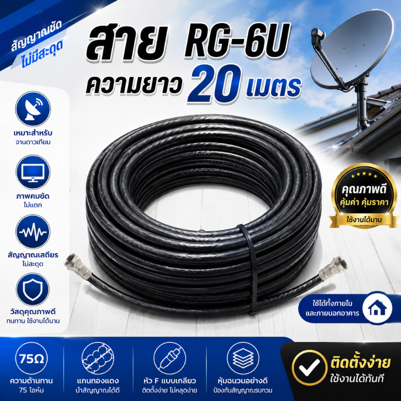 สายนำสัญญาณRG6 20M.สีดำ (ชิลด์60%)ใช้กับเสาอากาศและจานดาวเทียม