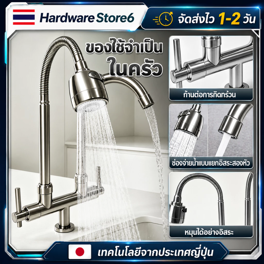 Hardware Store6 จัดส่งภายใน24ชม. COD ก๊อกน้ำอ่างล้างจาน 2 หัว สแตนเลส หมุนได้ 360° กันสนิม น้ำแรง ติดตั้งง่าย สำหรับครัว