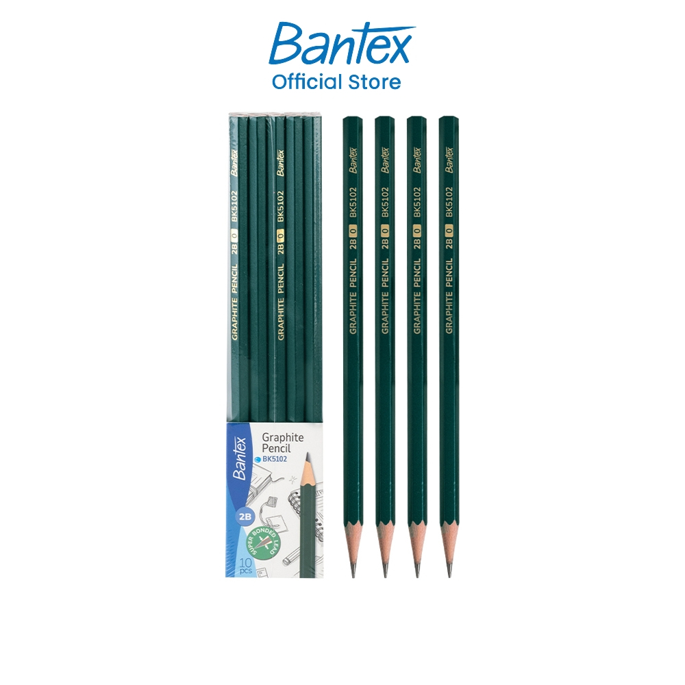 Bantex ดินสอ 2B ดินสอไม้ ด้ามสีเขียว 10แท่ง และสีพาสเทล 12แท่ง ไส้ดำ เขียนลื่น เหลาง่าย Pencils