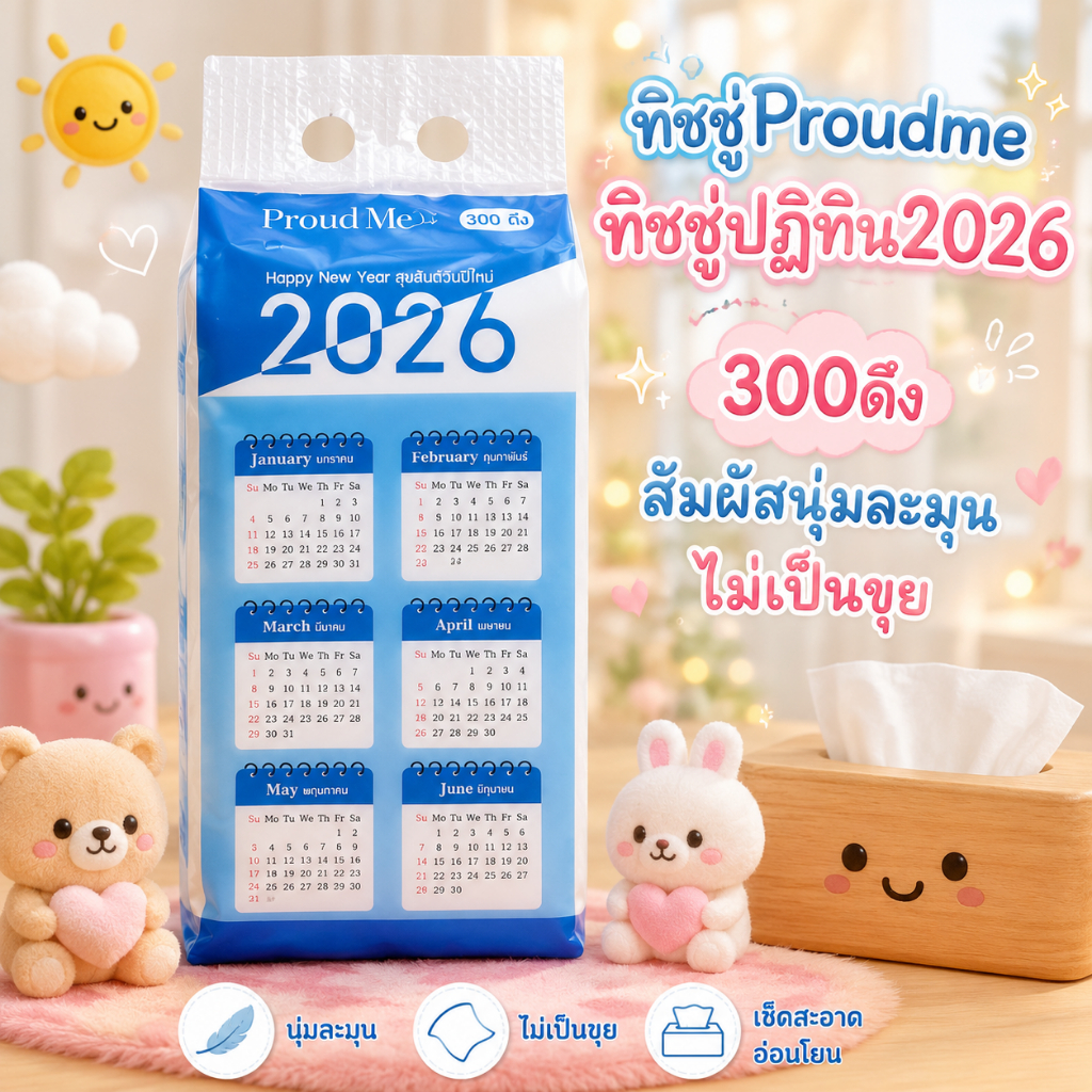 ทิชชู่ฟ้า ทิชชู่Proudme ทิชชู่ปฏิทิน2026  300ดึง  สัมผัสนุ่มละมุนไม่เป็นขุย D83