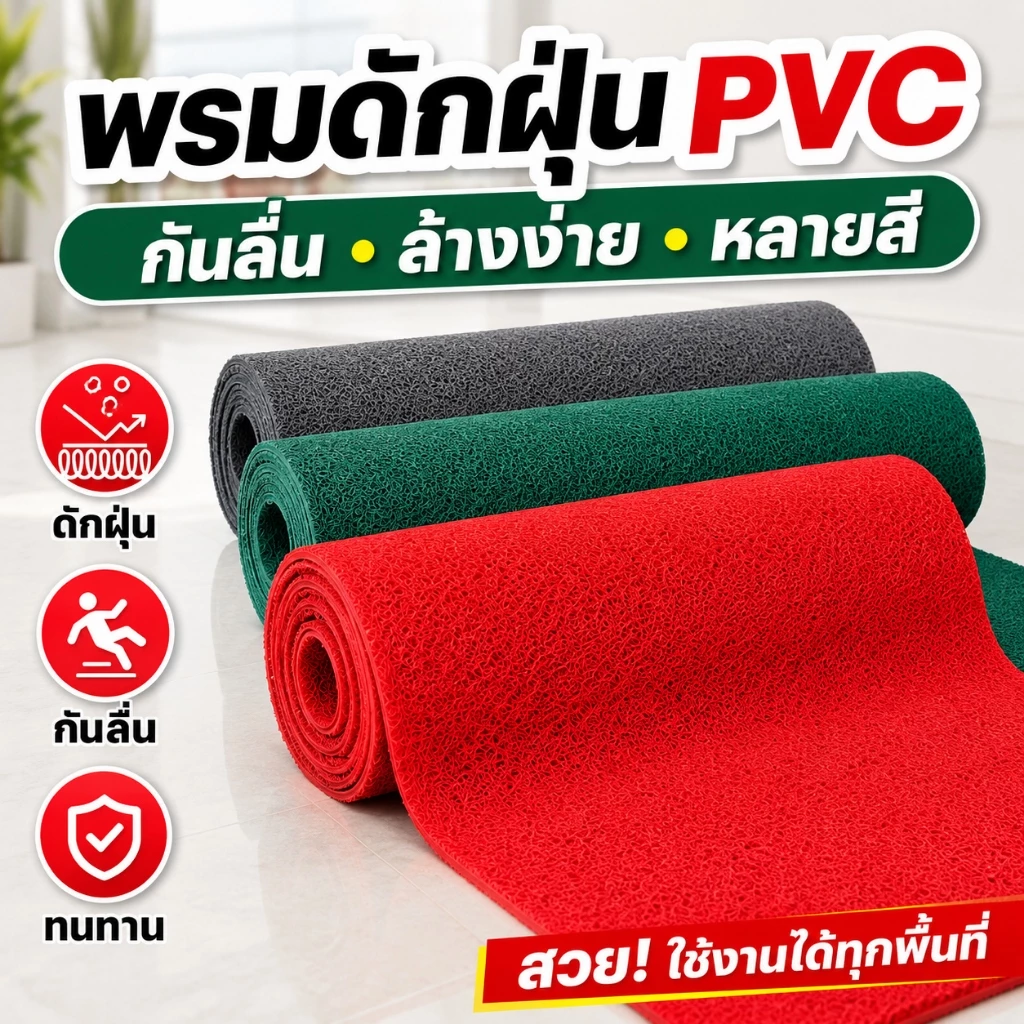 พรมเช็ดเท้า PVC สำหรับหน้าบ้าน หน้าร้าน และออฟฟิศ ดักฝุ่นดี กันลื่น ทนทาน มีสีแดง สีเขียว และสีเทา