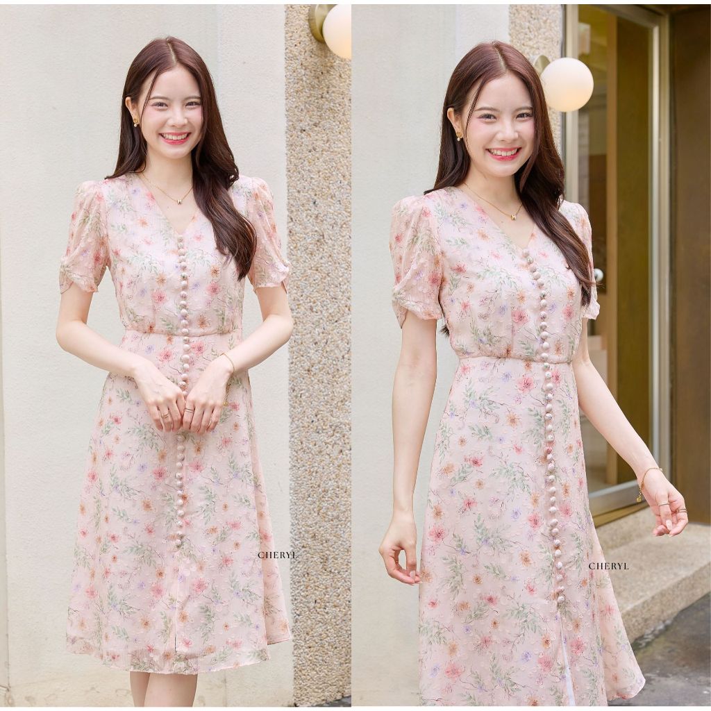 Cheryl brand - Rebecca Midi Button Dress in Coral Pink Floral Print / เดรสดีไซน์กระดุมหน้า สีชมพู