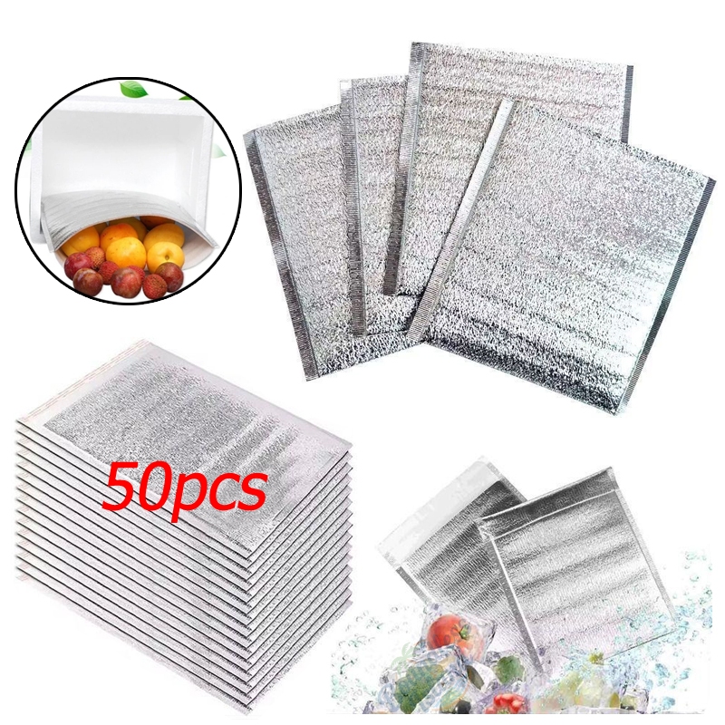 (พร้อมส่ง)50ชิ้น/แพ็คถุงอลูมิเนียมฟอยล์,น้ำแข็งและอบอุ่นลำเลียงถุงเก็บความร้อน
