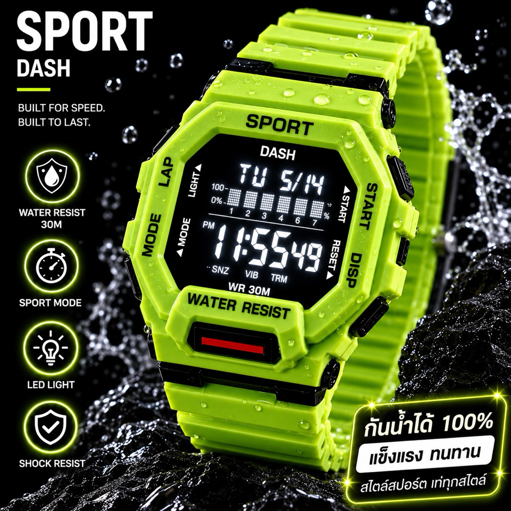 (R)นาฬิกาดิจิตอล ทรง Sport สี่เหลี่ยมยักษ์ รุ่นหลายสี ยอดฮิต กันน้ำ 100% พร้อมส่ง