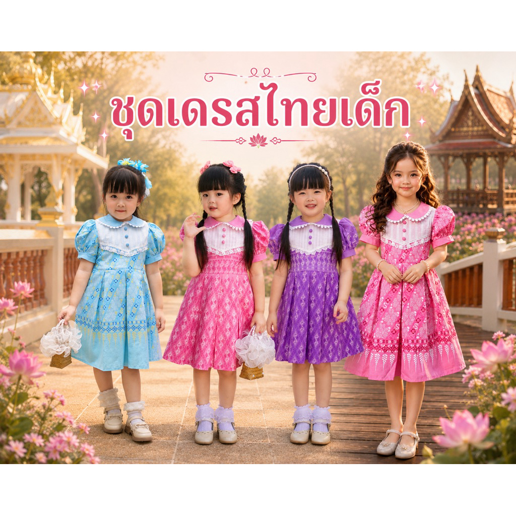 (รหัสKK)เดรสไทยเด็กผู้หญิงผ้าฝ้าย(รุ่นไม่มีซับใน) ย้อมสีพิมพ์ลาย ใส่ออกงานไปโรงเรียน น่ารักมากๆค่ะ