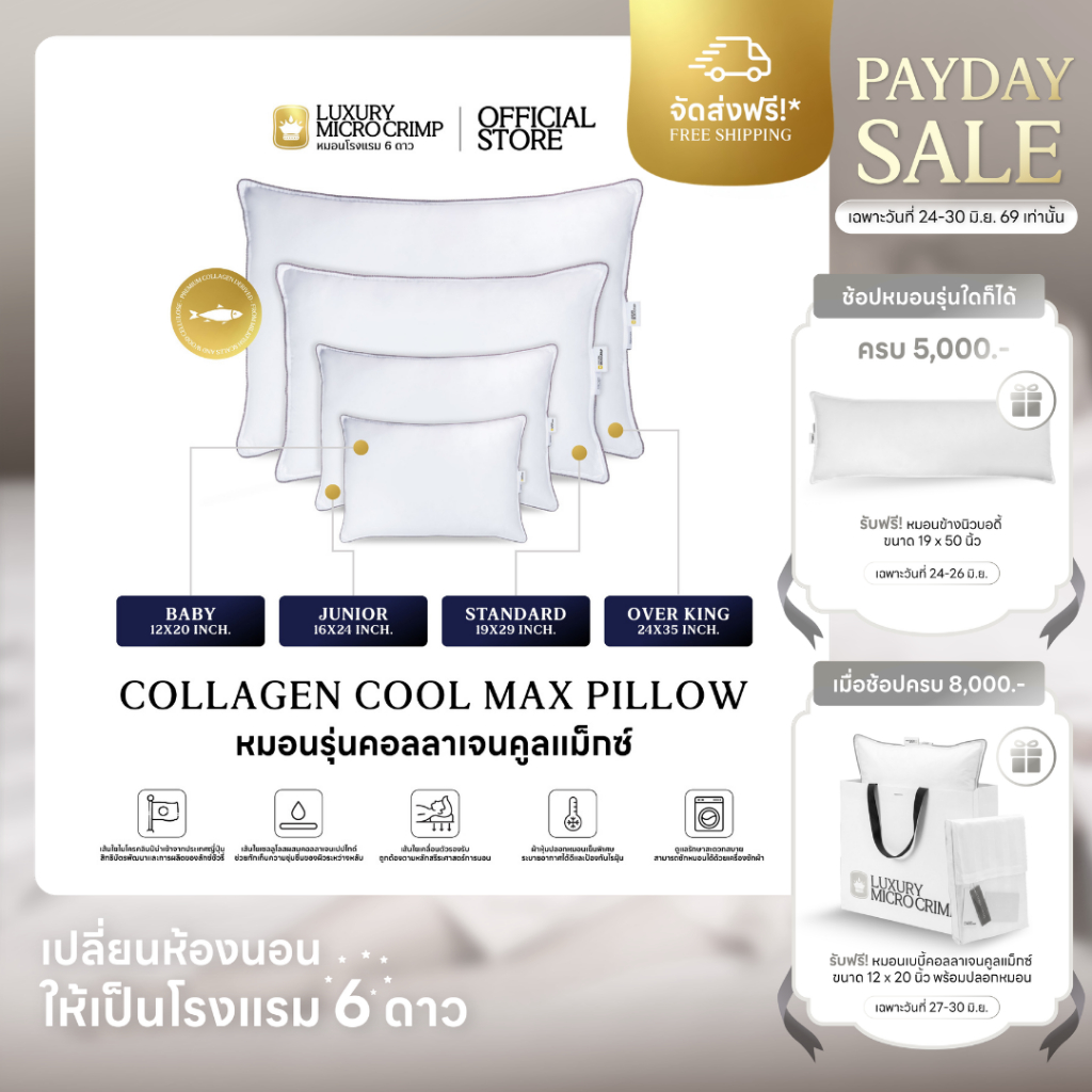 COLLAGEN COOLMAX PILLOW (หมอนคอลลาเจนคูลแม็กซ์ เลือกขนาดและระดับความนุ่มได้ เย็นสบายเมื่อสัมผัส ลดอุณหภูมิผิวขณะนอนหลับ)