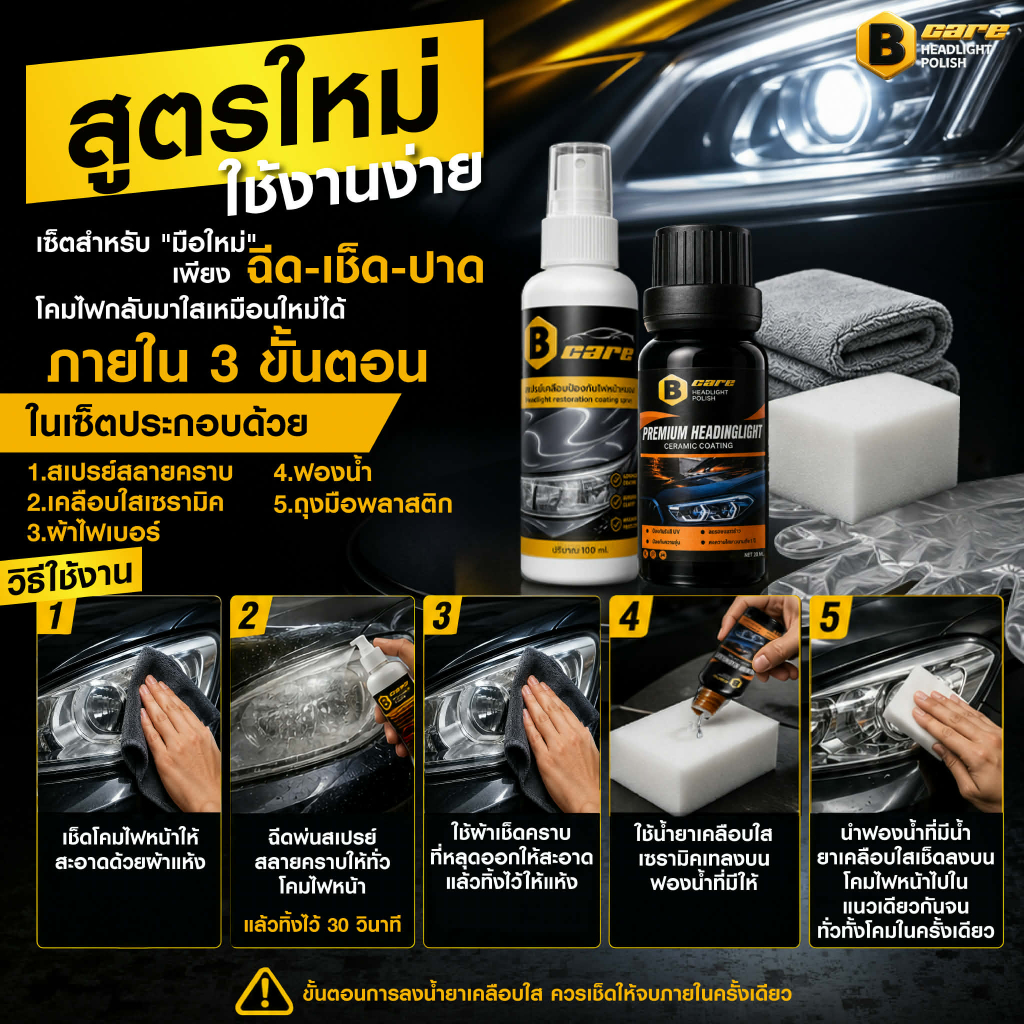 Bcare สูตรใหม่...ปรับให้ใช้งานง่าย โคมไฟกลับมาใสดูเหมือนใหม่ เซ็ต2ขวด ฉีด.เช็ด.ปาด