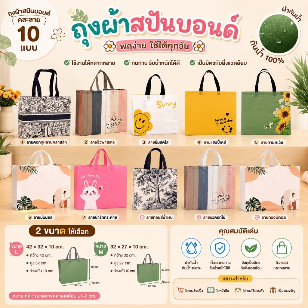 🇹🇭พร้อมส่งจากไทย🇹🇭ถุงหูหิ้วสปันบอนด์พิมพ์ลาย 42*32*10 cm.ใส่ของเอนกประสงค์