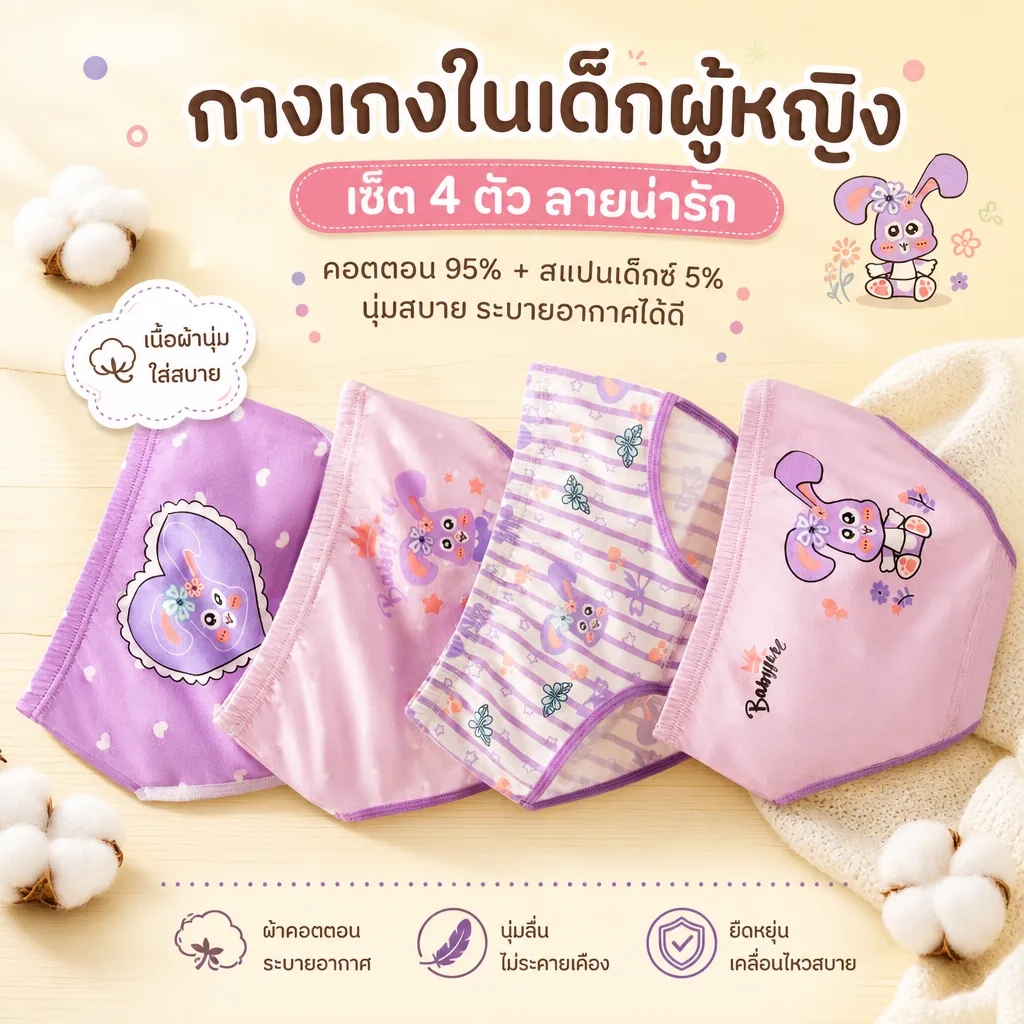 พร้อมส่ง กางเกงในเด็กหญิงผ้าฝ้าย 95% ระบายอากาศดี ไม่คัน ซับเหงื่อ (4ชิ้น) 2-7ขวบ