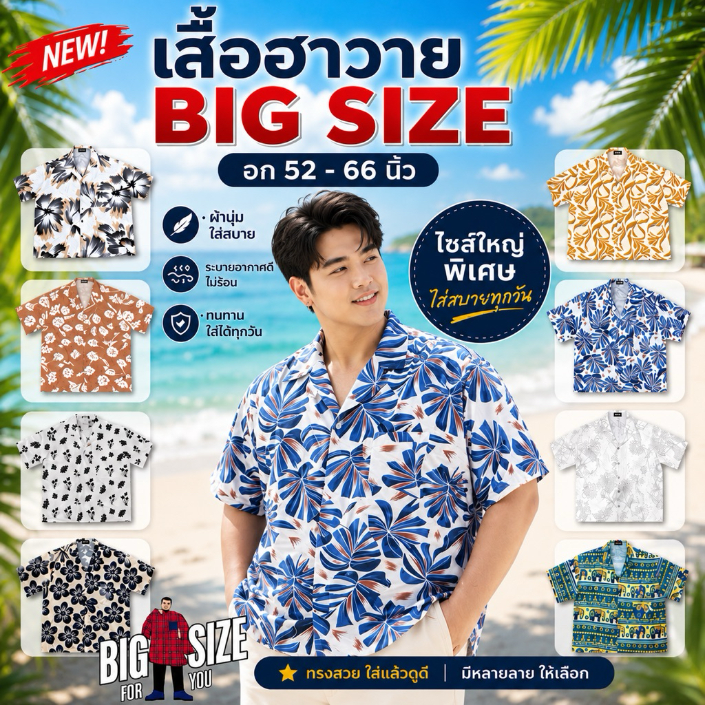BIG SIZE FOR YOU เสื้อฮาวาย เชิ้ต ไซส์ใหญ่ รอบอก 52-66 นิ้ว ลายใหม่ ผ้าคอตตอนลินิน ระบายอากาศดี ไม่ร้อน