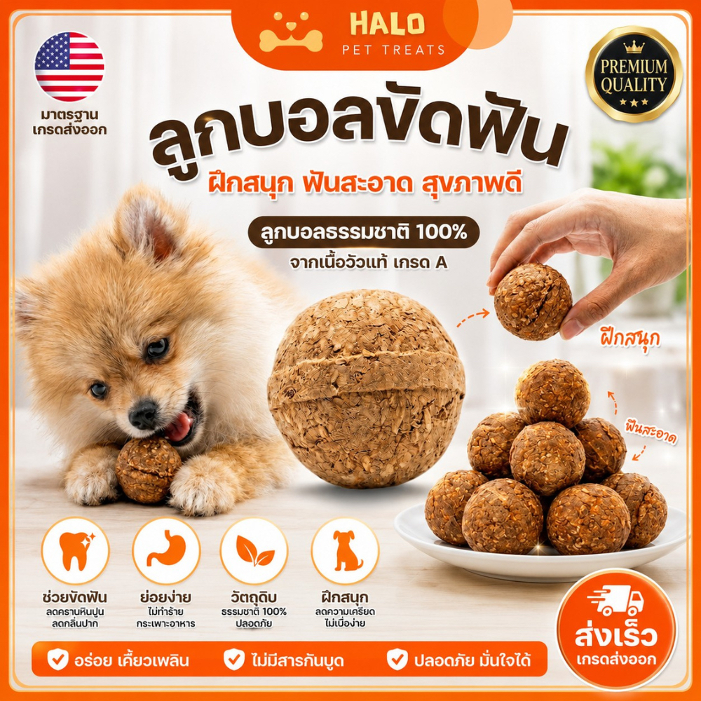 HALO ลูกบอลขัดฟันสุนัข ของเล่นหมา ขนมหมา ขนมแทะเล่นจากวัวแท้ 100% ช่วยขัดฟัน ลดกลิ่นปาก