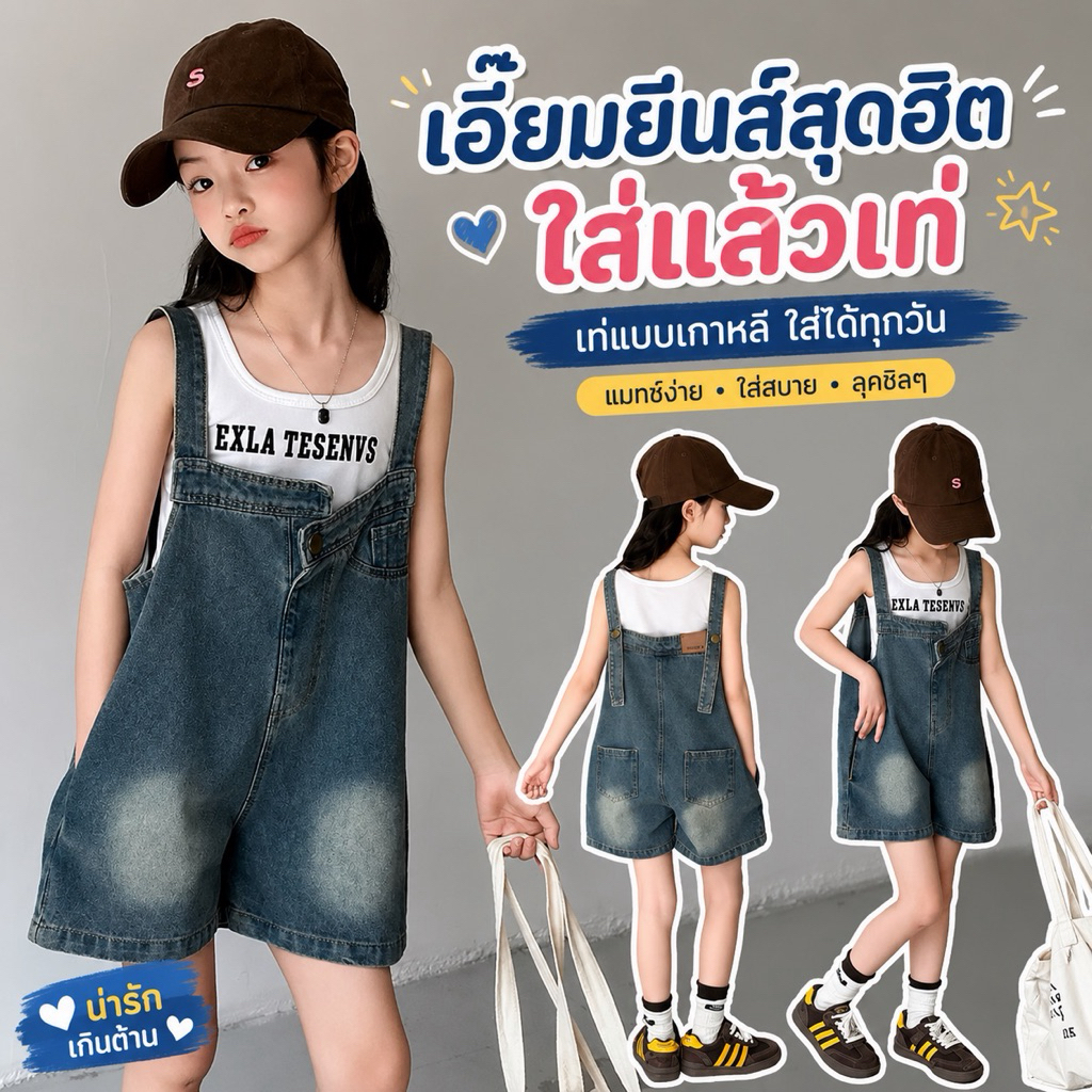 S161-S162 (แยกชิ้น) เอี๊ยมยีนส์ขาสั้น เสื้อกล้ามขาว สุดเท่