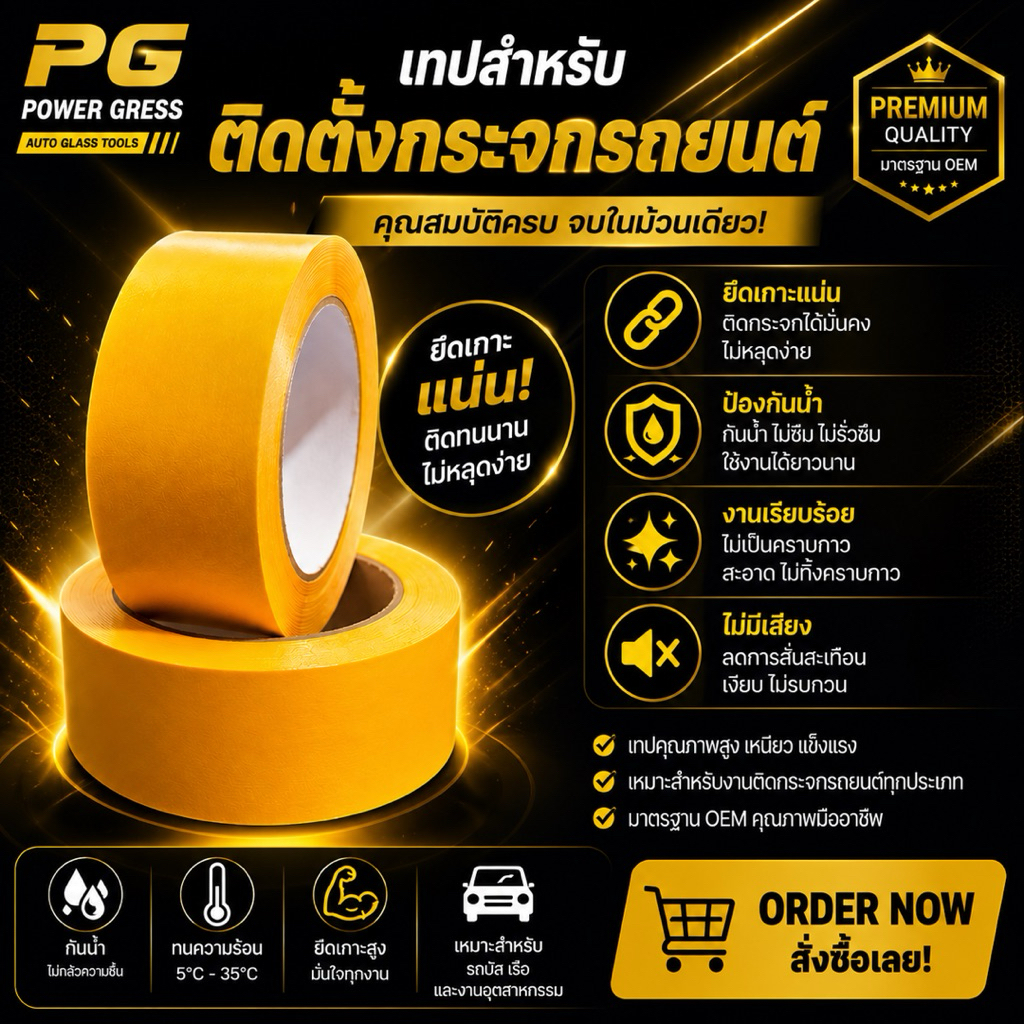 เทปติดกระจกรถยนต์ สีเหลือง 2 นิ้ว x 100 หลา ยึดเกาะสูง กันน้ำ ไม่ทิ้งคราบ สำหรับงานติดตั้งกระจก