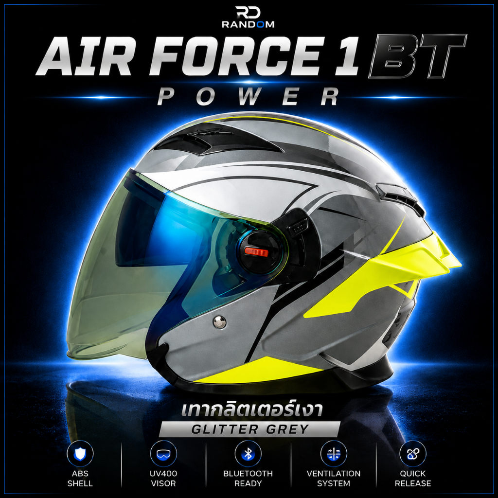 RD RANDOM AIRFORCE1BT หมวกกันน็อคเปิดหน้า แว่น 2 ชั้น รองรับ Bluetoot มอก.