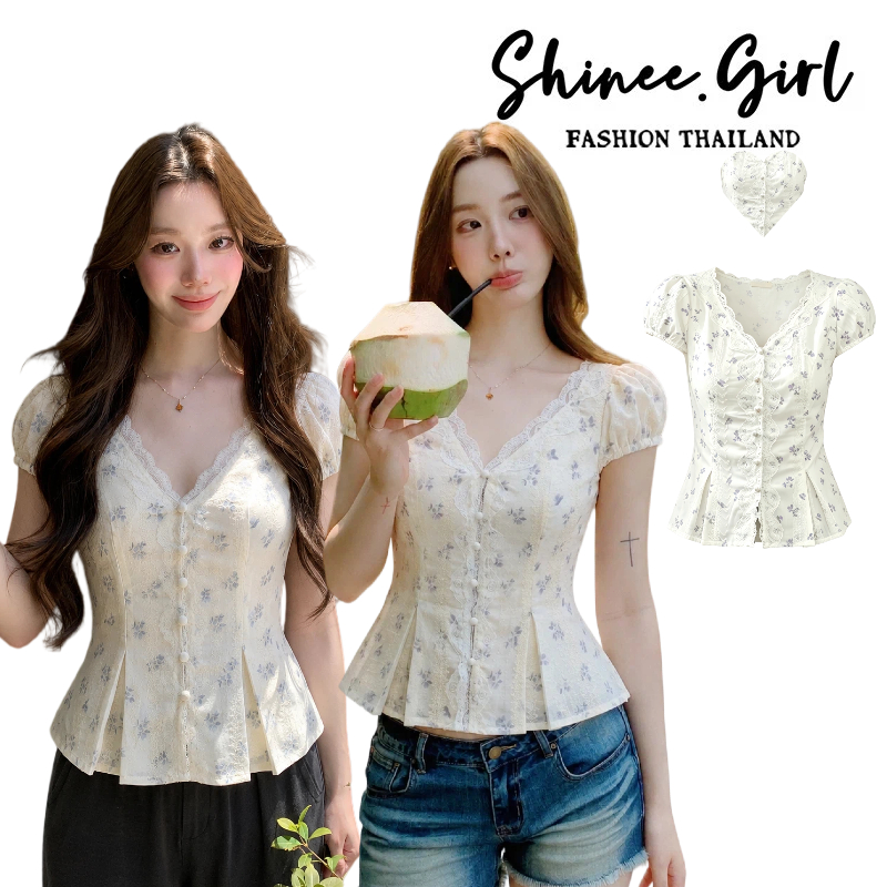 SHG พร้อมส่ง เสื้อเบลาส์คอวี ลายดอก แต่งลูกไม้ แขนตุ๊กตา เอวเข้ารูป สไตล์เกาหลี วินเทจ น่ารัก แฟชั่นผู้หญิงฮิต