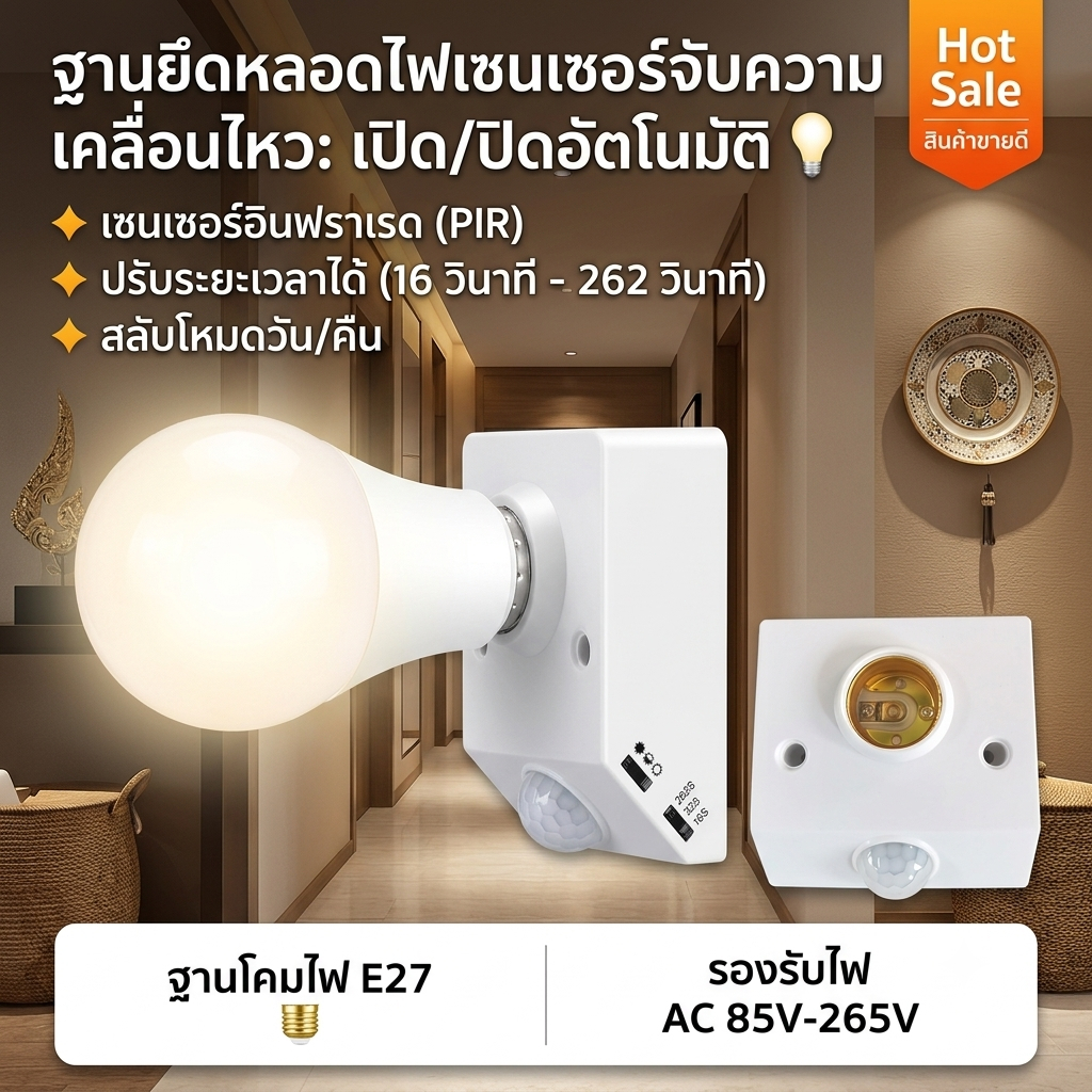 Luxe-T เซ็นเซอร์ตรวจจับความเคลื่อนไหว IR ขั้วหลอดไฟ E27 AC85-265V เปิดไฟอัตโนมัติ ประหยัดพลังงาน สำหรับหลอด LED