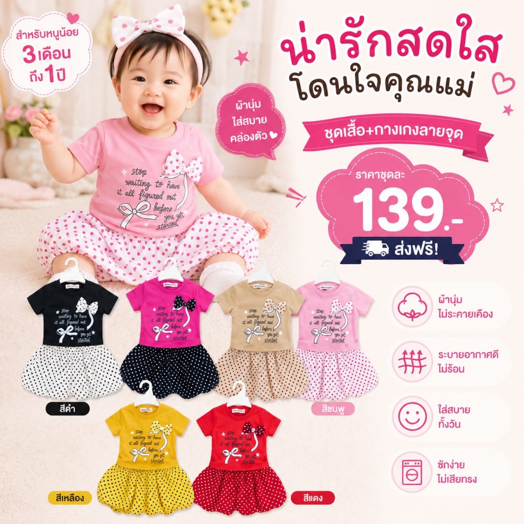 ชุดเซ็ตเสื้อสีพื้น+กางเกงลายจุด ผ้าร่องใส่สบายมาก ไม่ร้อนไม่ระคายเคือง ใส่เเล้วน่ารัก