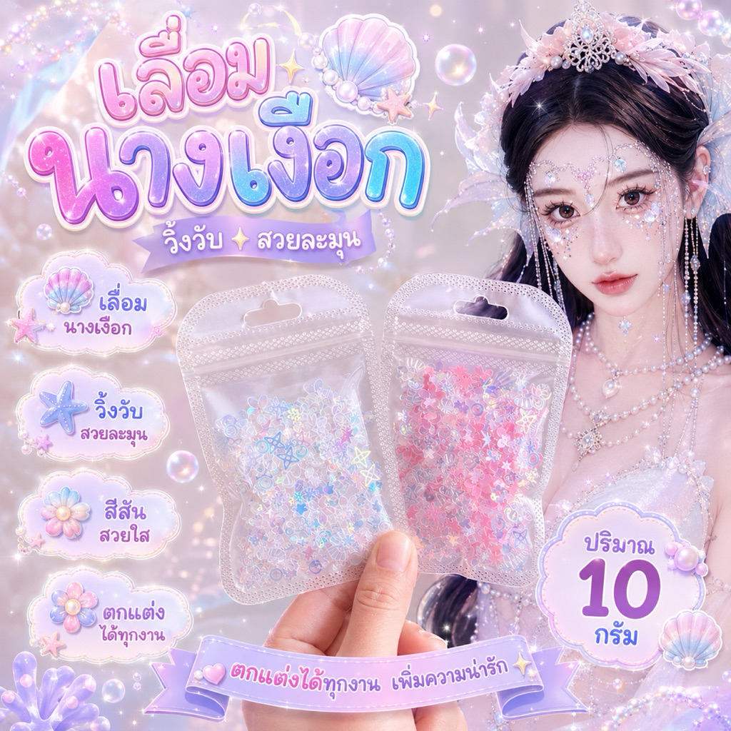 เลื่อมนางเงือก หอย เกล็ดปลา สีสันที่สดใสและน่าสนใจ สำหรับการแต่งหน้า (ไม่มีกาวในตัว)พร้อมส่งในไทย