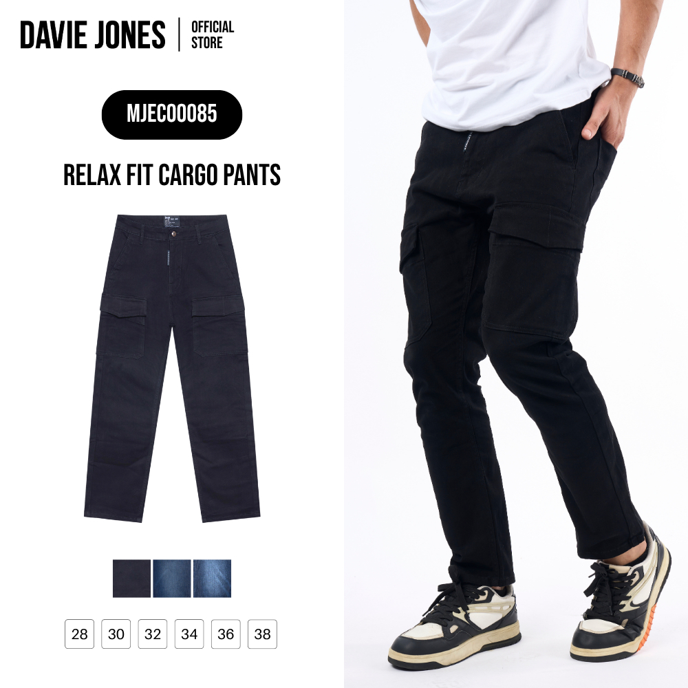 DAVIE JONES [BE FEARLESS] กางเกงคาร์โก้ผู้ชาย Relax Fit Cargo Pants สีดำ กรม กรมกลาง CO0085